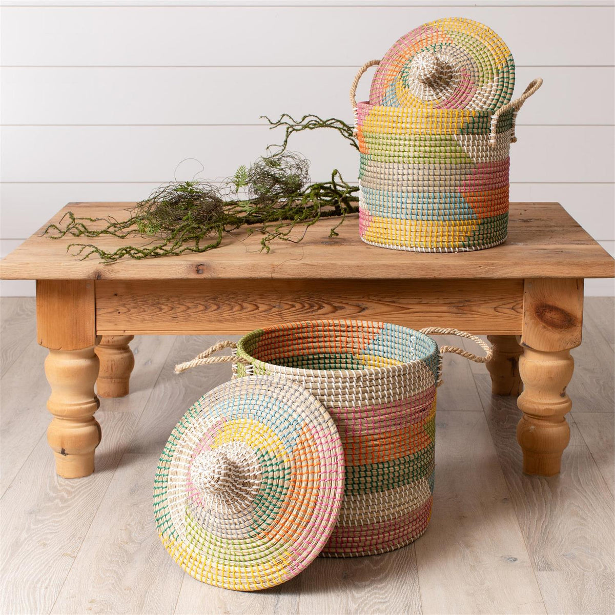Basket - Colorful Coiled Seagrass With Lid - Set of 2