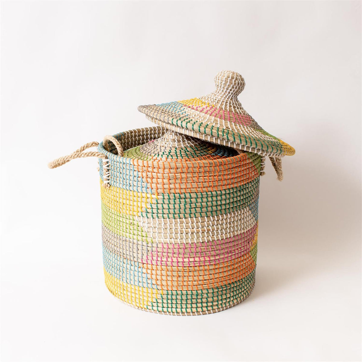 Basket - Colorful Coiled Seagrass With Lid - Set of 2