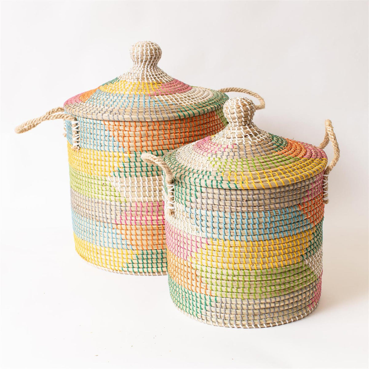 Basket - Colorful Coiled Seagrass With Lid - Set of 2
