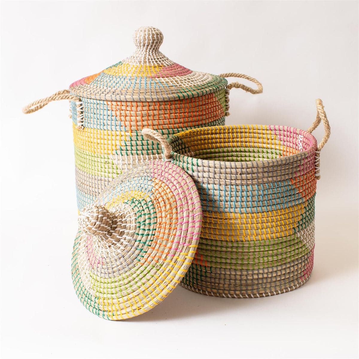Basket - Colorful Coiled Seagrass With Lid - Set of 2