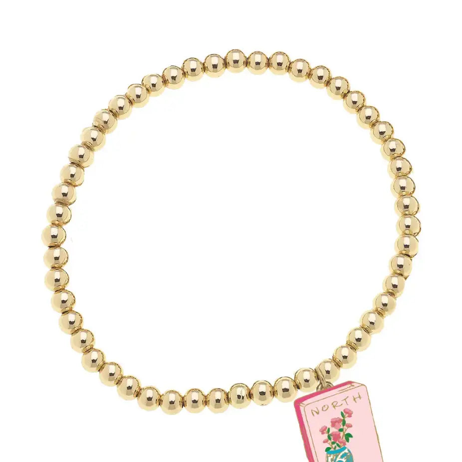 Mahjong Tile Ball Bead Stretch Bracelet in Shiny Gold