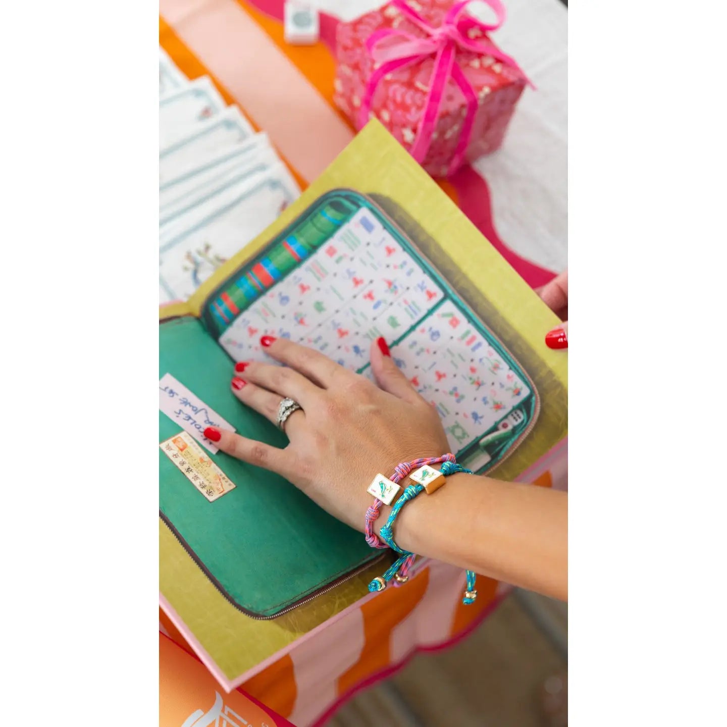Mahjong Tile Ball Bead Stretch Bracelet in Shiny Gold