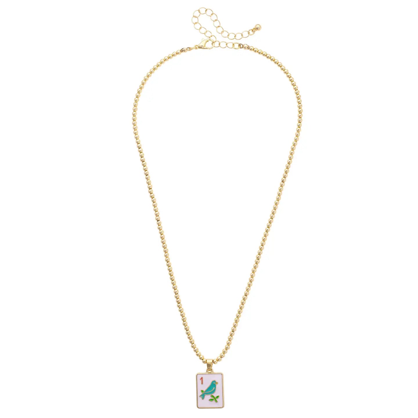 Sparrow Mahjong Tile Ball Bead Necklace in White