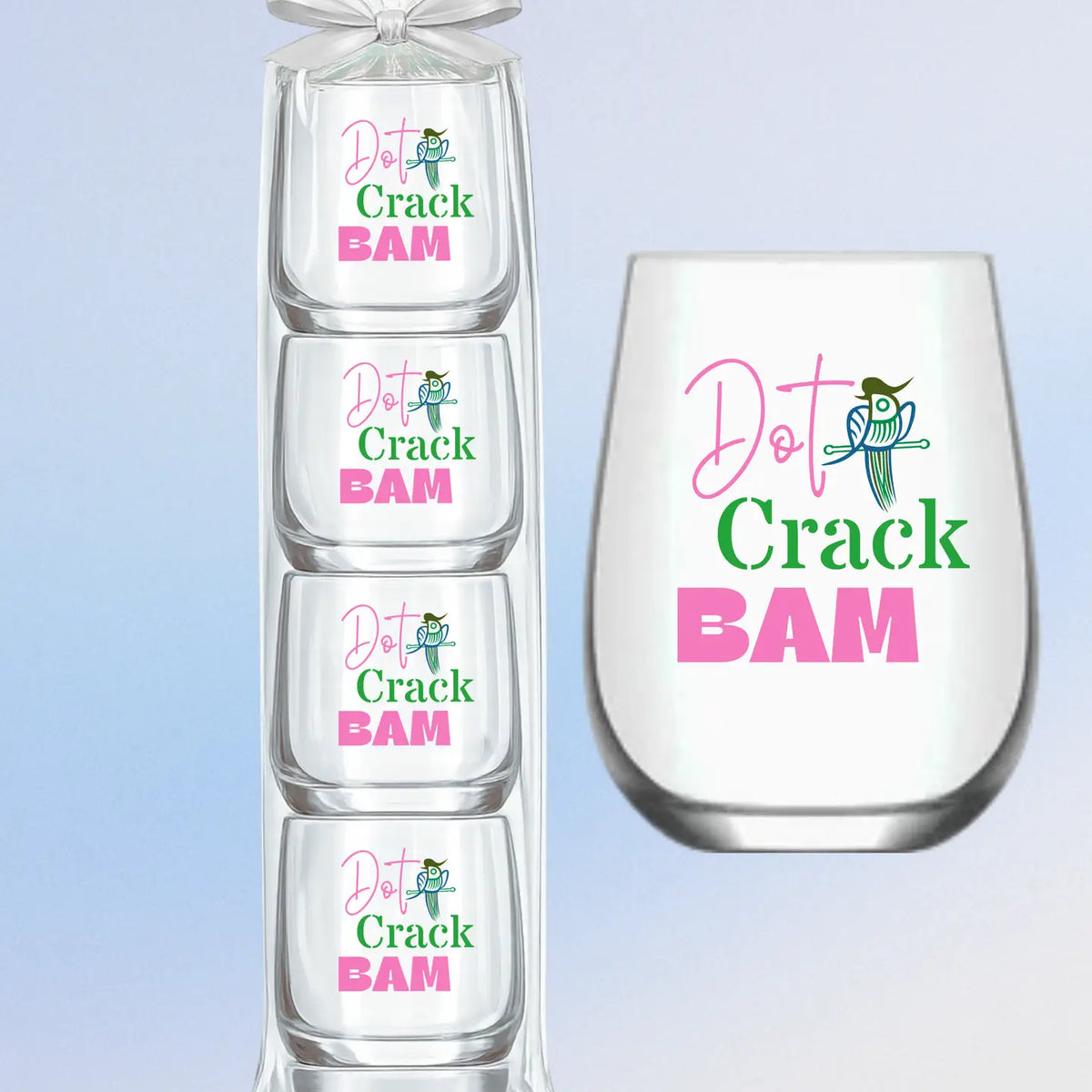 Mahjong Stemless 4 Ct Set Wine Glasses "Dot Crack Bam"