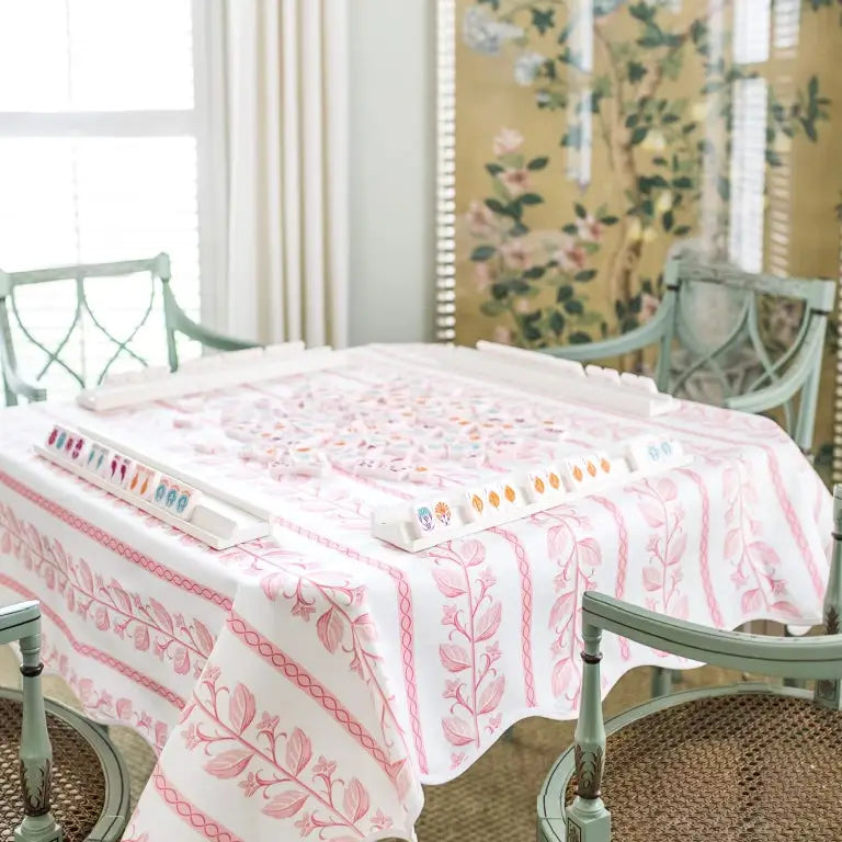 Scalloped Square Table Topper | Pink Botanical Stripe