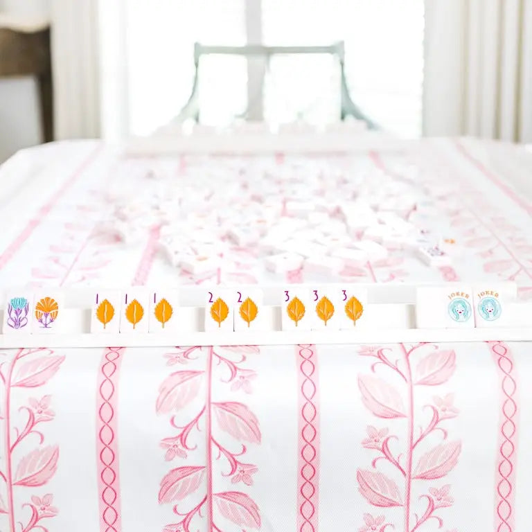 Scalloped Square Table Topper | Pink Botanical Stripe