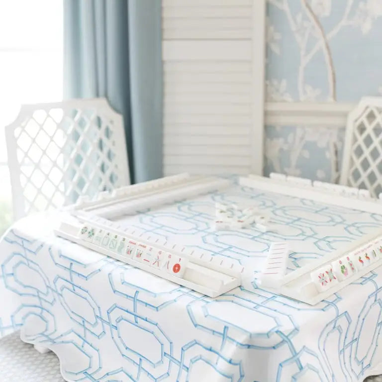 Scalloped Square Table Topper | Sky Blue Bamboo Chain