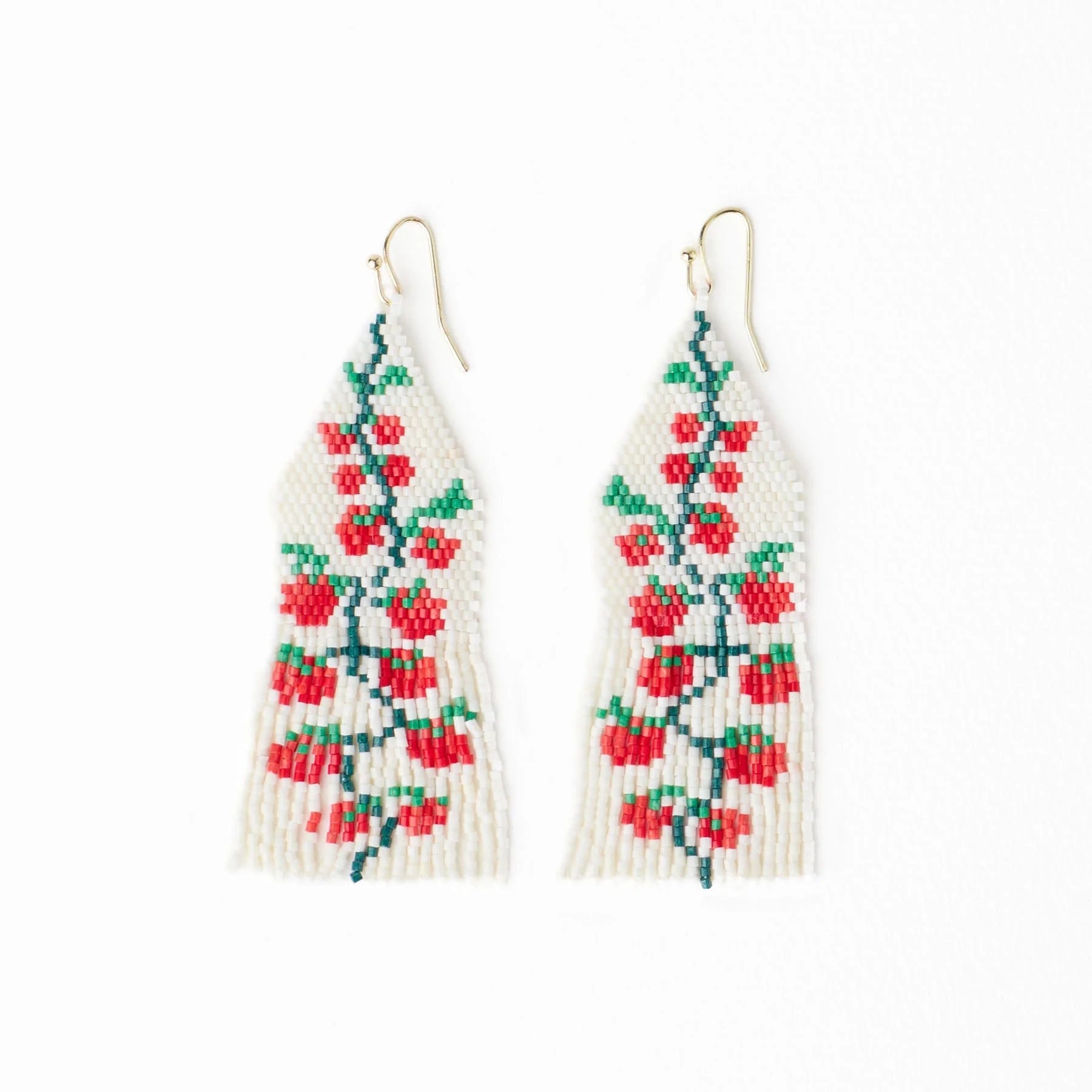Delilah Tomato Beaded Fringe Earrings Red + Green