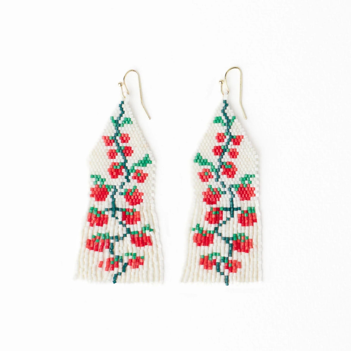 Delilah Tomato Beaded Fringe Earrings Red + Green