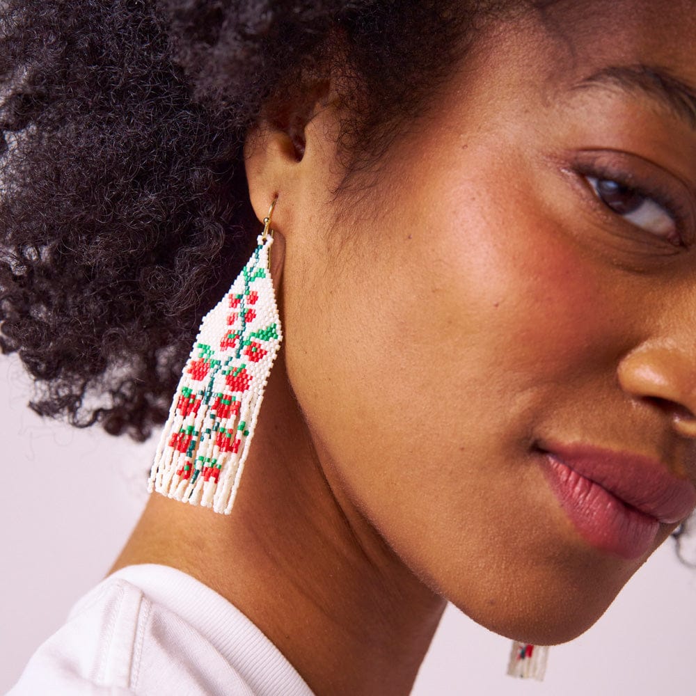 Delilah Tomato Beaded Fringe Earrings Red + Green