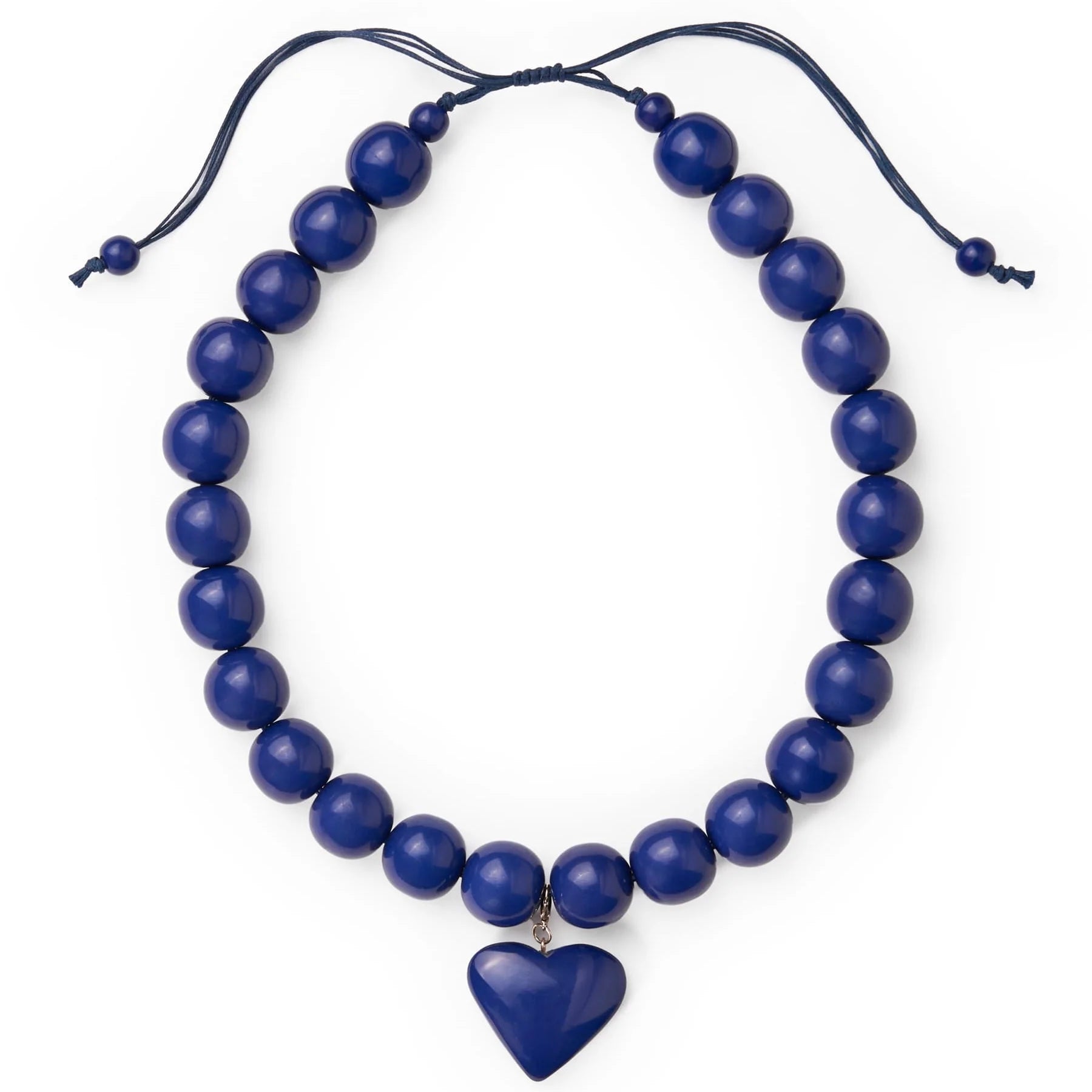Emery Large Round Resin Bead With Heart Adjustable Necklace Navy