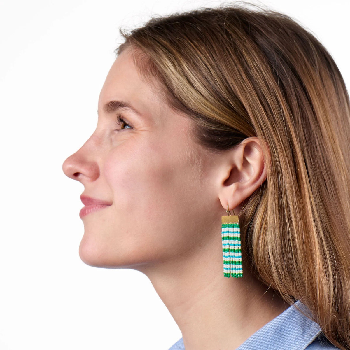 Scout Rectangle Hanger Mixed Horizontal Stripes Beaded Fringe Earrings