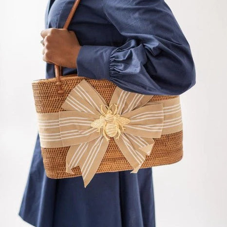 Large Charlotte - Khaki and White Stripe Fluffy Bow with XL Bee