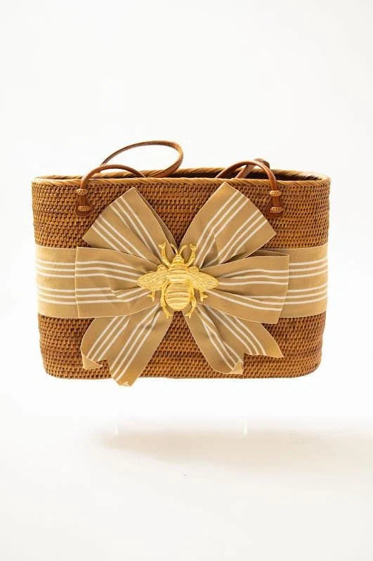 Large Charlotte - Khaki and White Stripe Fluffy Bow with XL Bee