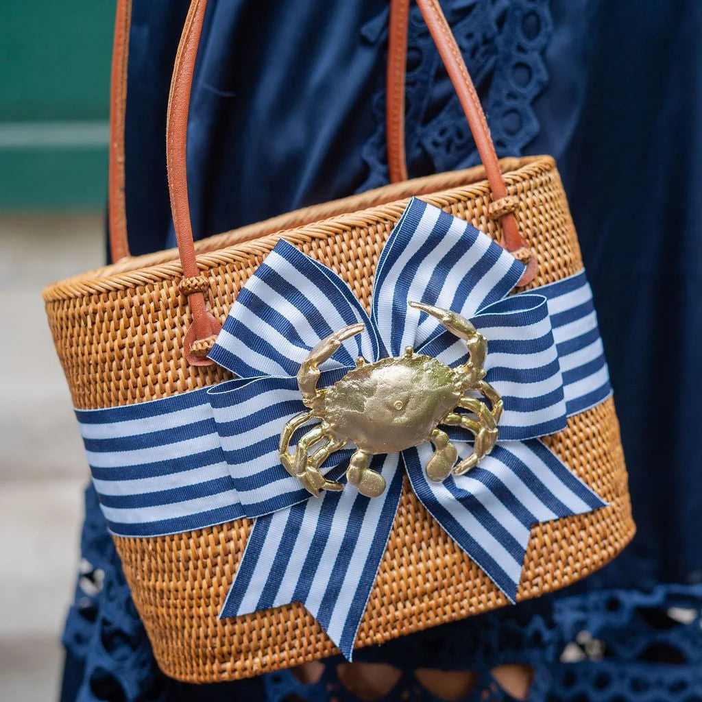 Medium Charlotte - Navy & White Striped Fluffy Bow with Crab Bag