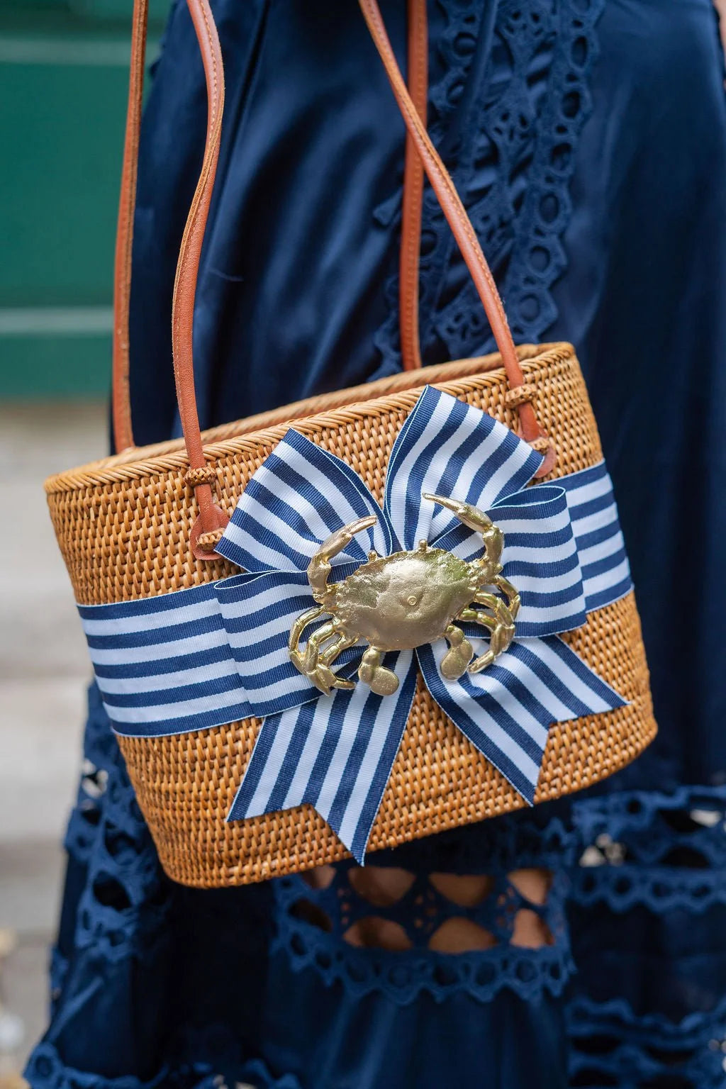 Medium Charlotte - Navy & White Striped Fluffy Bow with Crab Bag