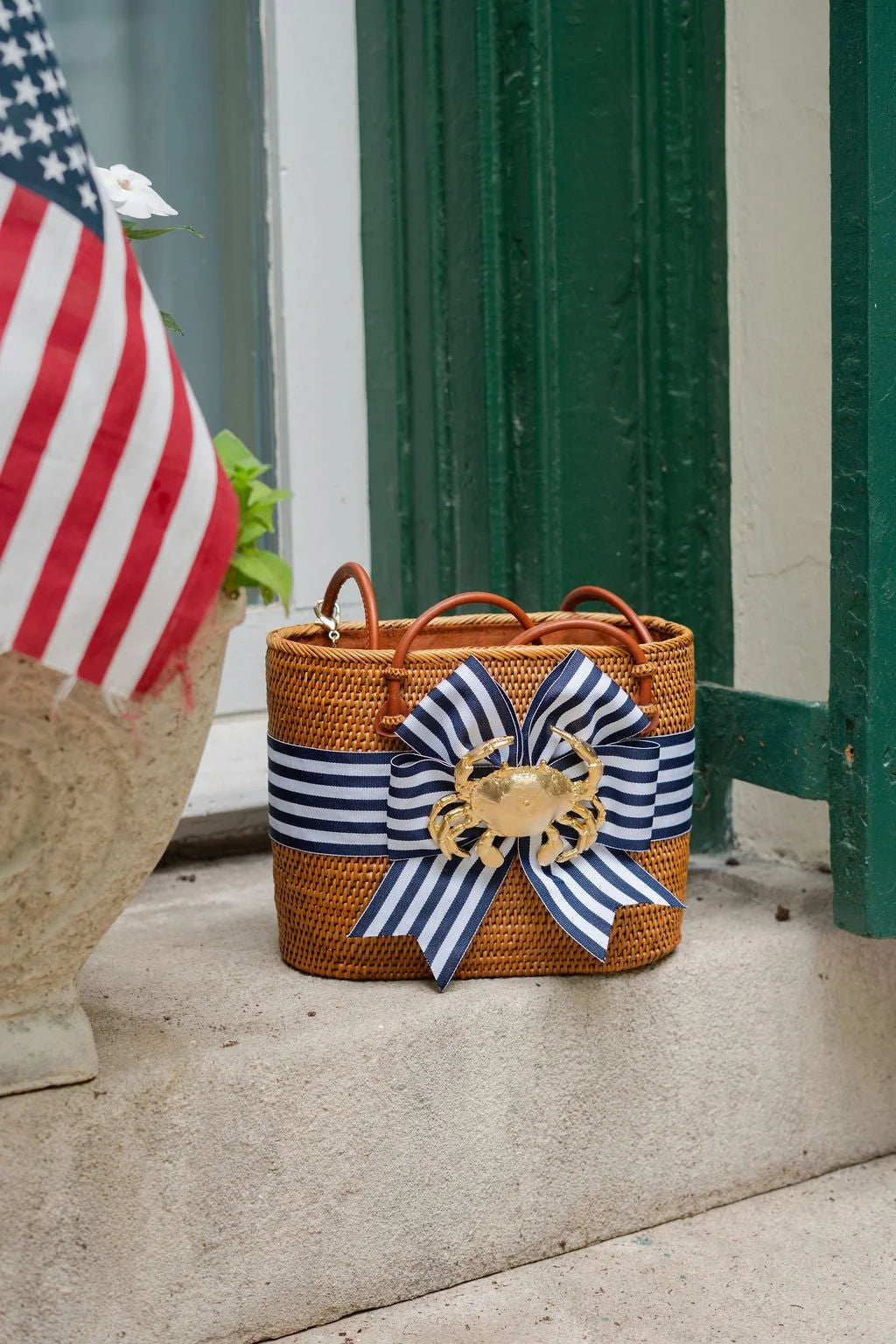 Medium Charlotte - Navy & White Striped Fluffy Bow with Crab Bag