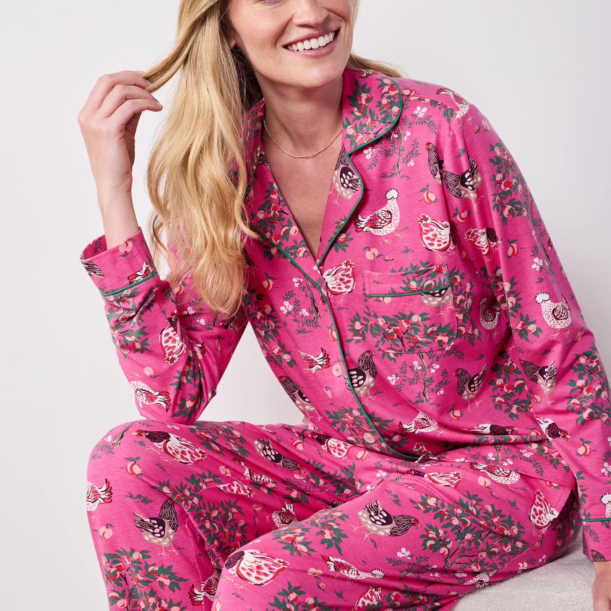 Organic Cotton Modal Knit Long PJ Set in Hen House
