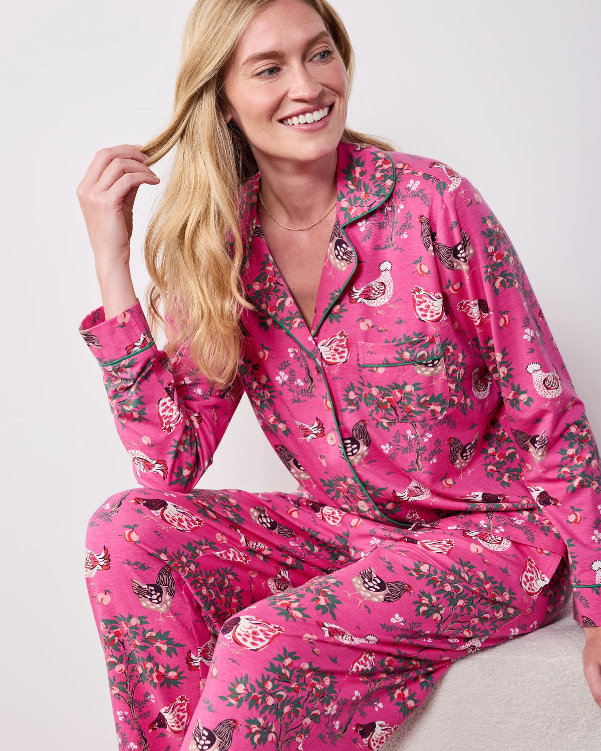 Organic Cotton Modal Knit Long PJ Set in Hen House