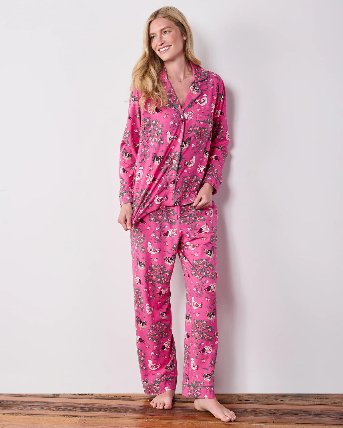 Organic Cotton Modal Knit Long PJ Set in Hen House