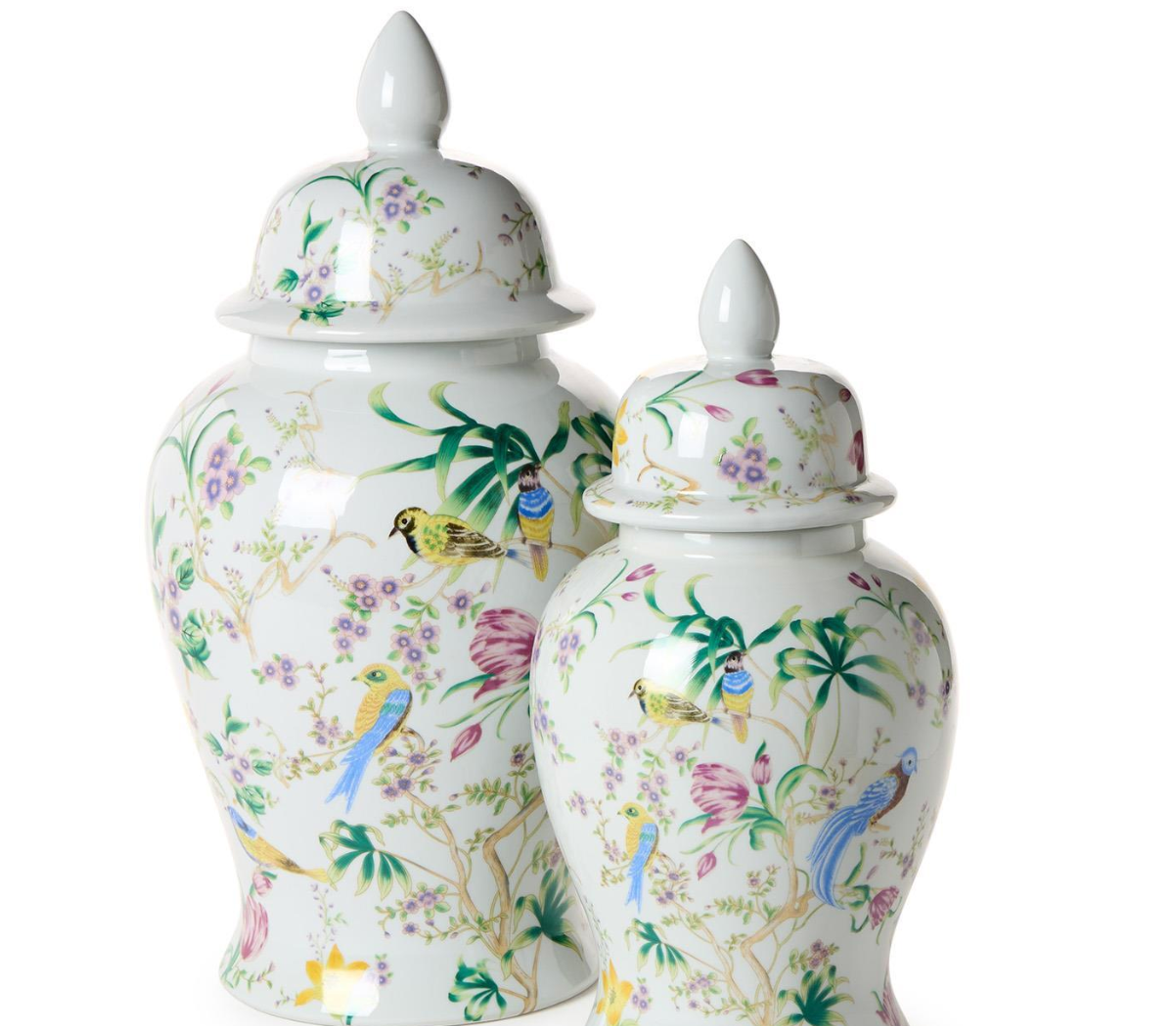 Bird & Blossom Chinoiserie Set of 2 Covered Temple Jar