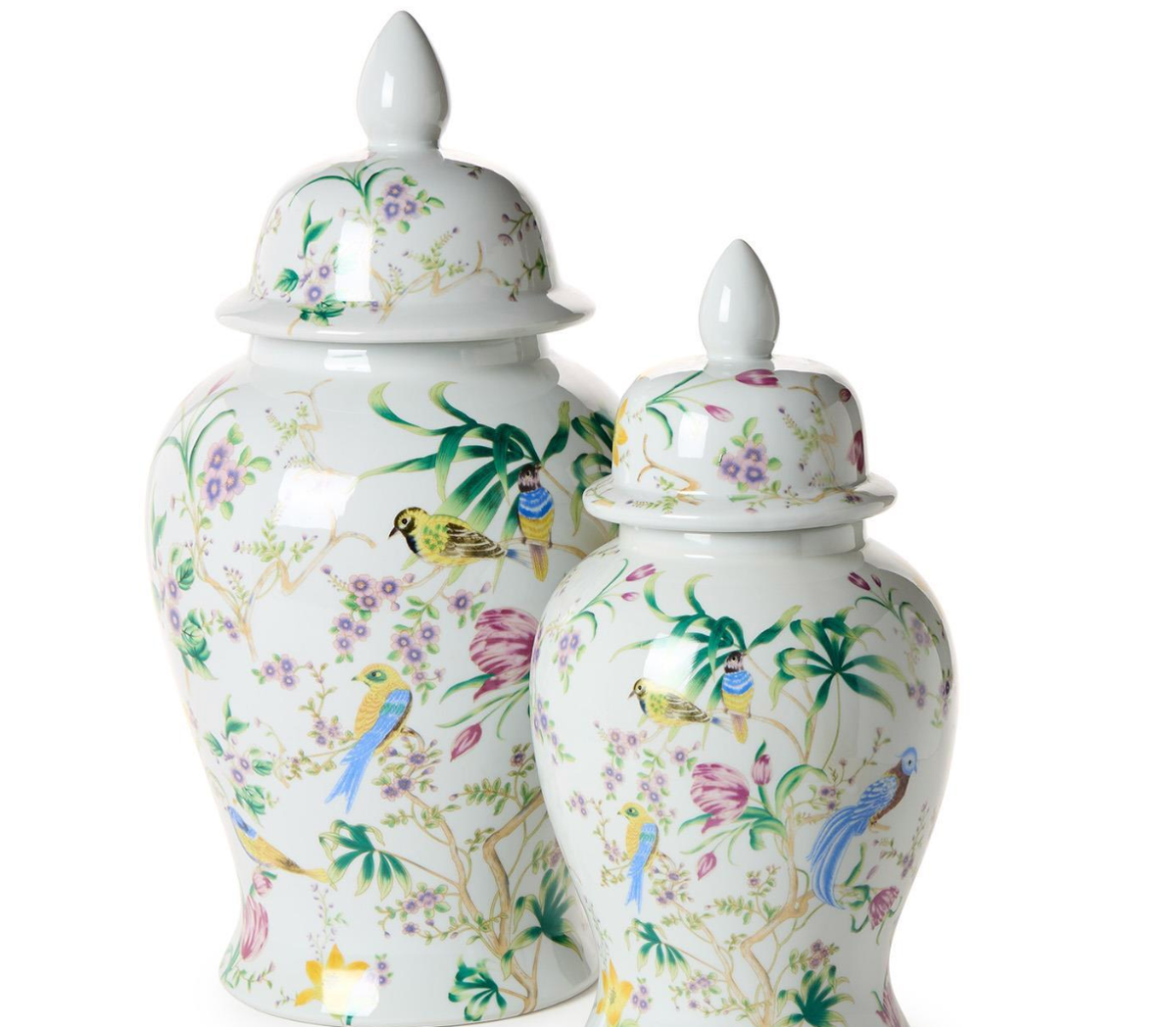 Bird & Blossom Chinoiserie Set of 2 Covered Temple Jar