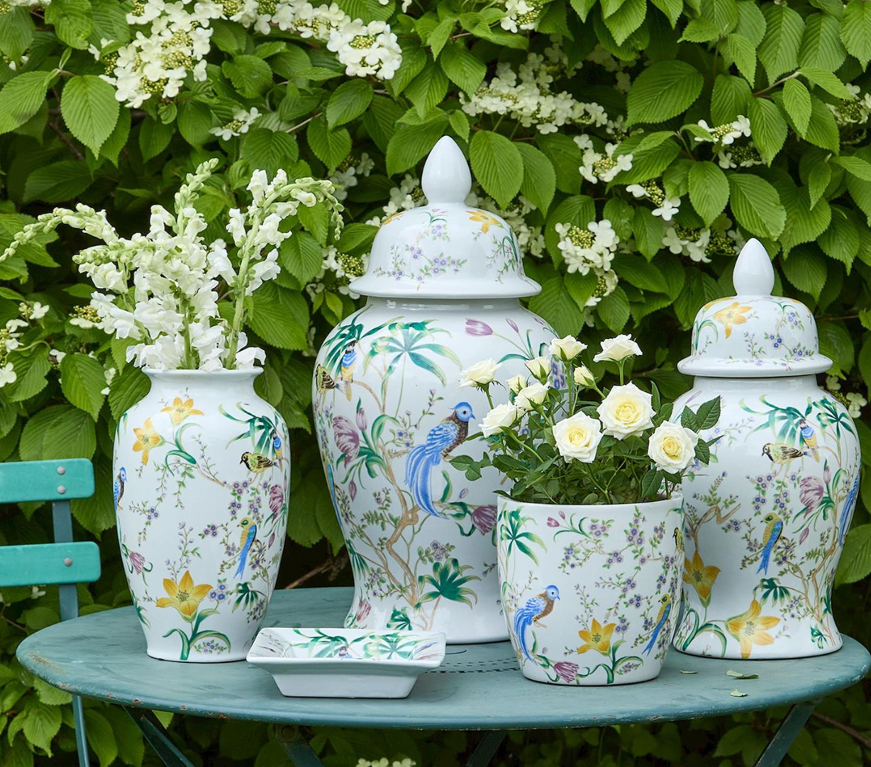Bird & Blossom Chinoiserie Set of 2 Covered Temple Jar