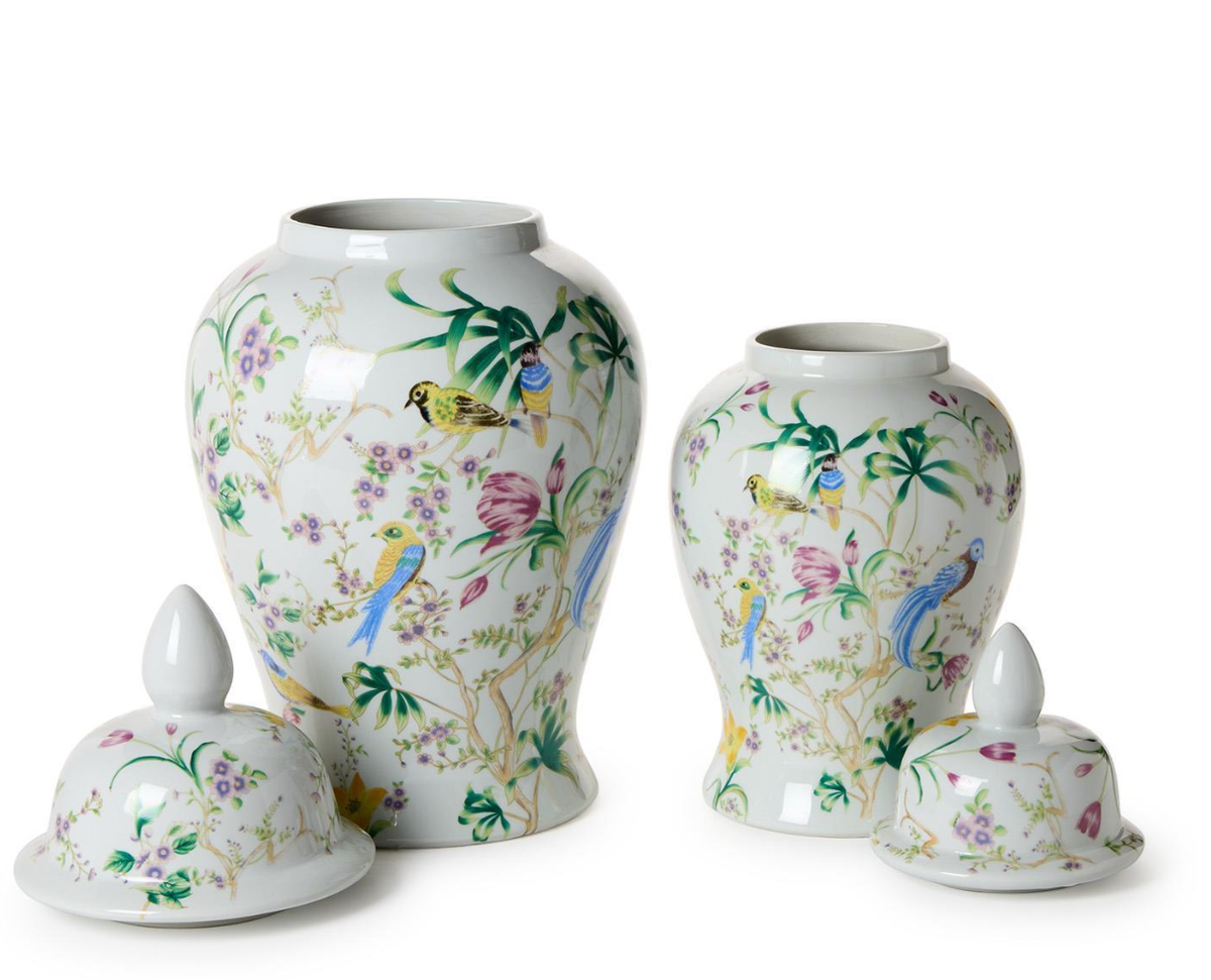 Bird & Blossom Chinoiserie Set of 2 Covered Temple Jar
