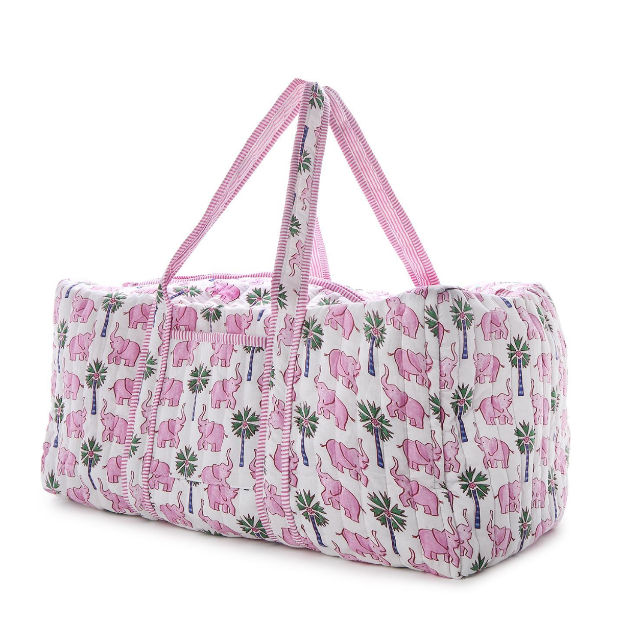 Lucky Elephant Printed Cotton Quilted Weekender Bag with Lining in Coordinating Mini Stripe Zip Top Closure