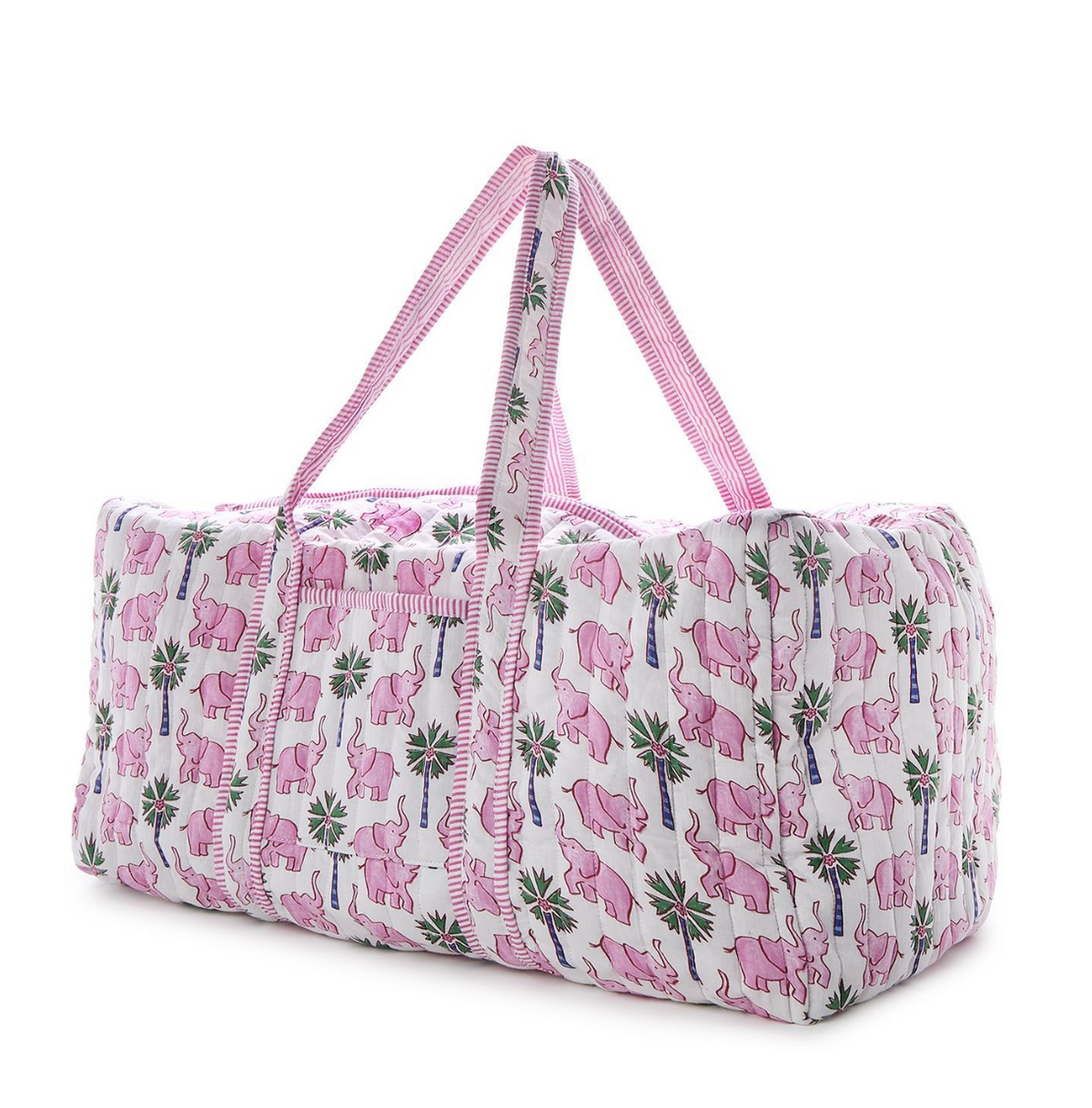Lucky Elephant Printed Cotton Quilted Weekender Bag with Lining in Coordinating Mini Stripe Zip Top Closure