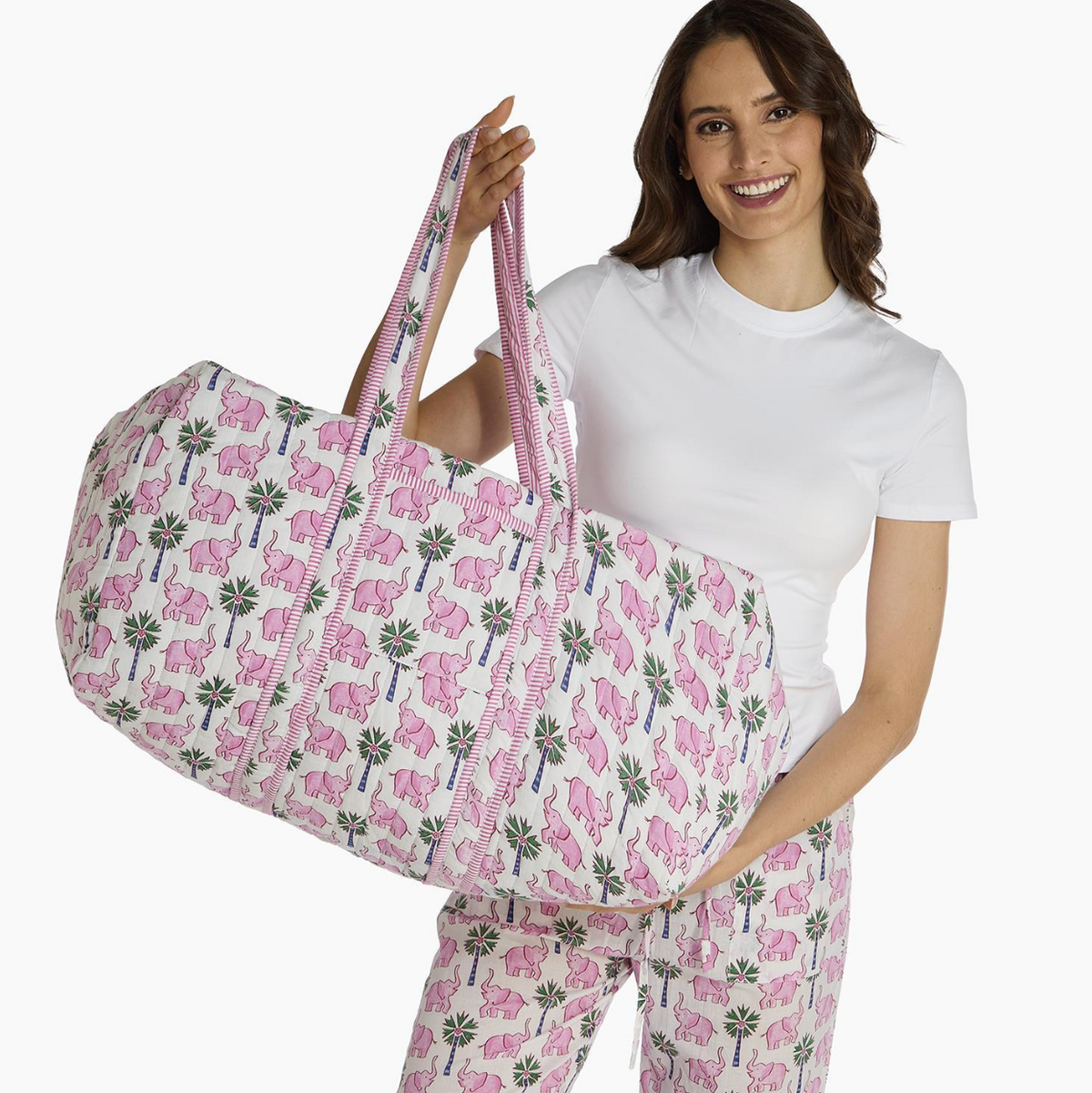 Lucky Elephant Printed Cotton Quilted Weekender Bag with Lining in Coordinating Mini Stripe Zip Top Closure