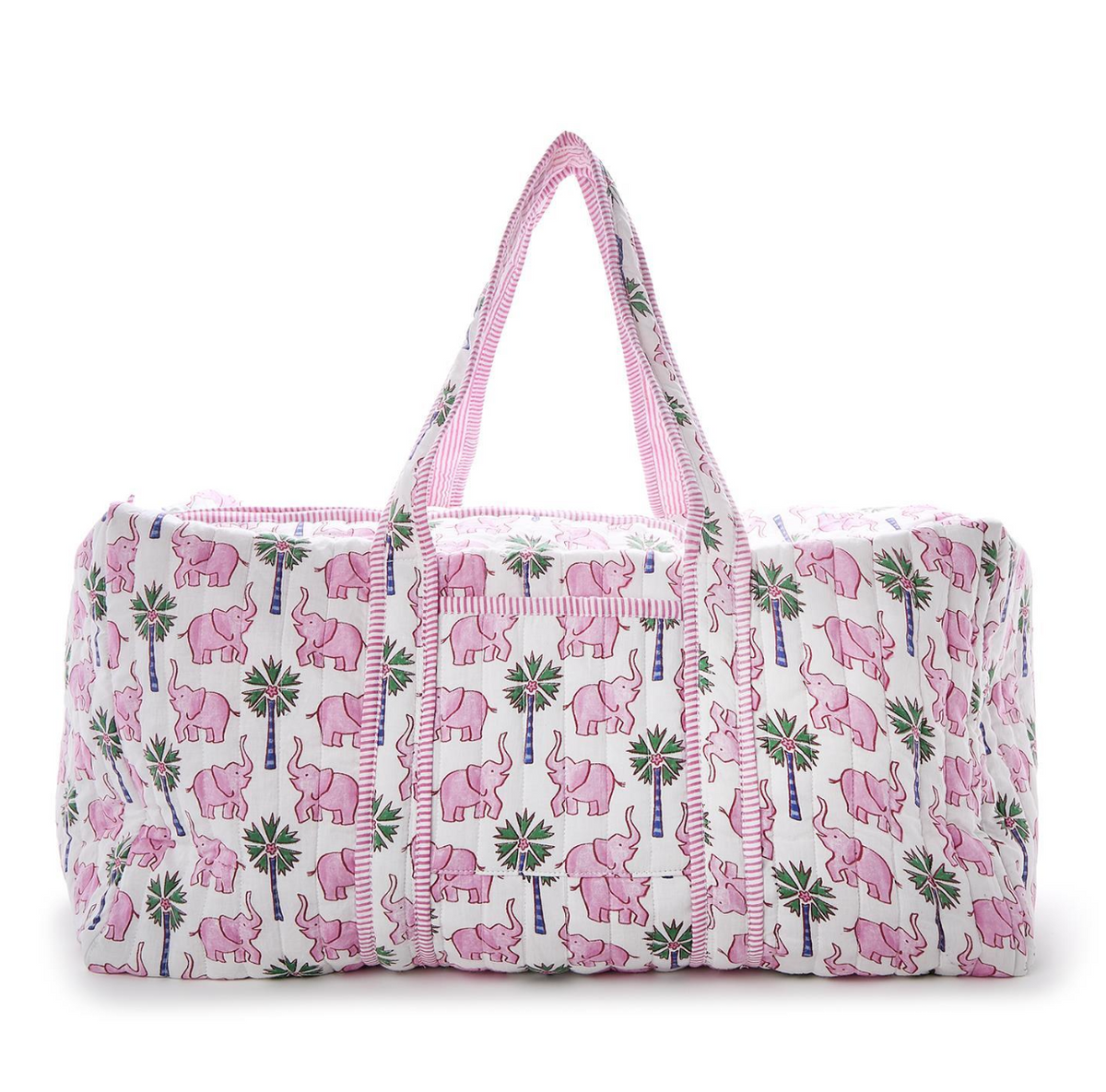 Lucky Elephant Printed Cotton Quilted Weekender Bag with Lining in Coordinating Mini Stripe Zip Top Closure