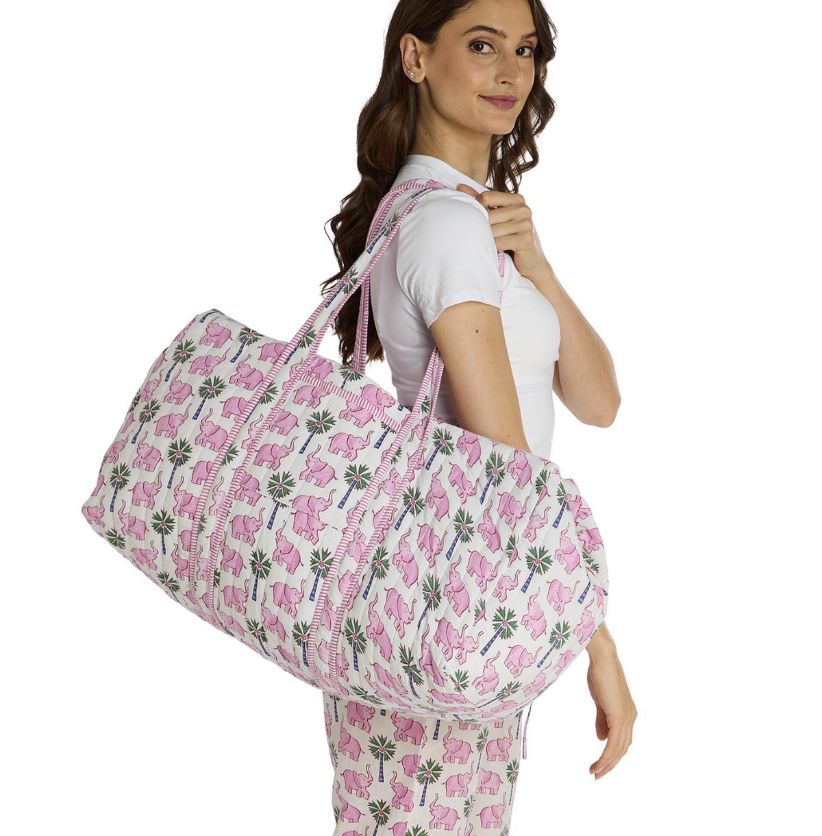 Lucky Elephant Printed Cotton Quilted Weekender Bag with Lining in Coordinating Mini Stripe Zip Top Closure